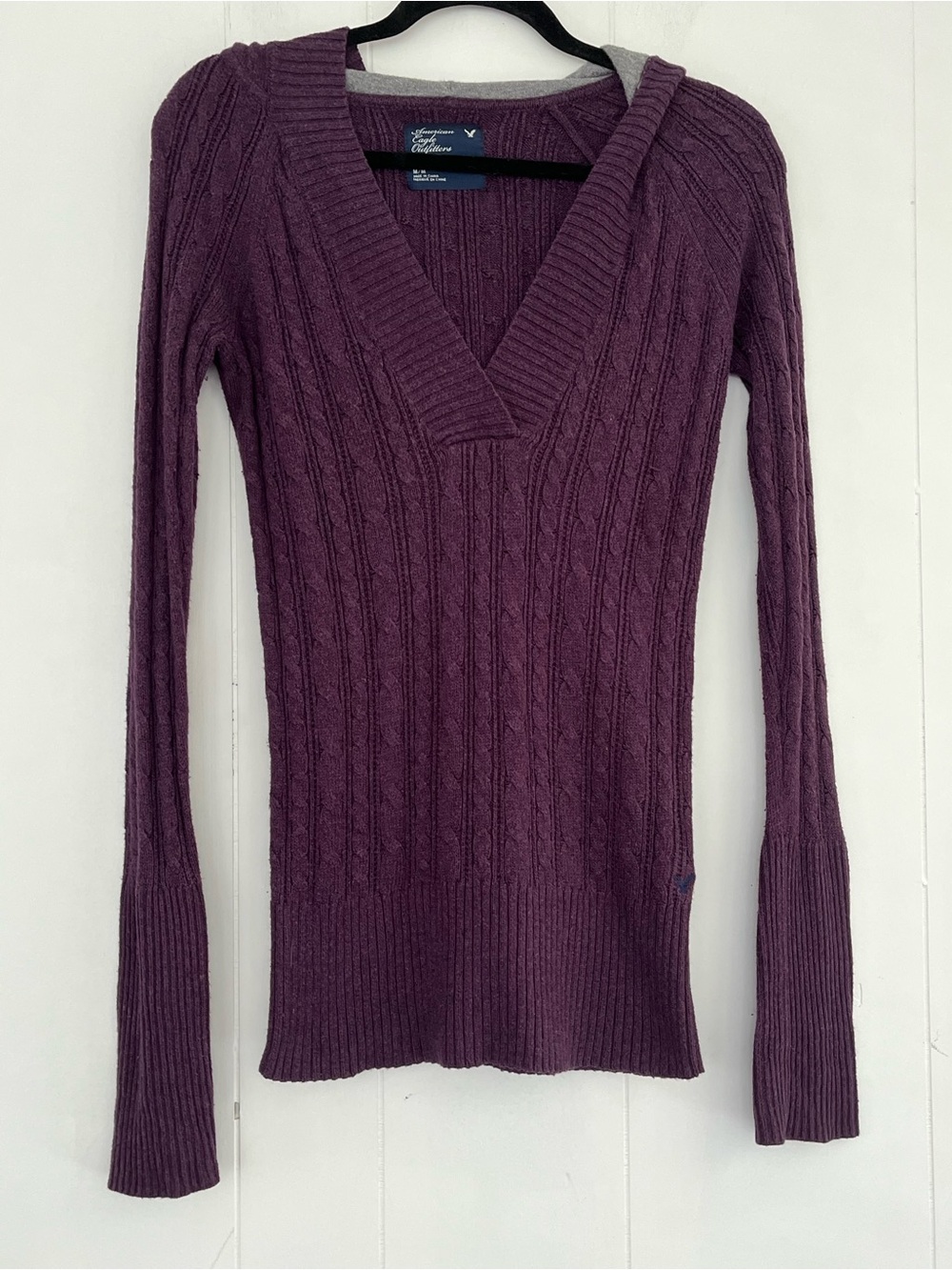 Y2K American Eagle Outfitters Hooded Cable Knit Wool Blend Sweater Size Medium